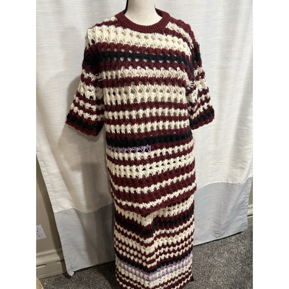 Marni 3D Crochet Multi Stripe Burgundy Beige Black Midi Skirt & Top Size 46 EUC